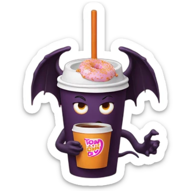 a demon holding a dunkin donuts coffee cup sticker