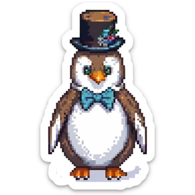 penguin with monocle and bow tie, pixel art style sticker