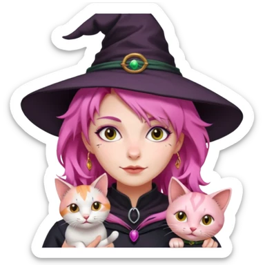 Witch with cat companion, pink haired sticker