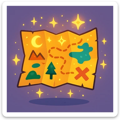 a magic map, floating and sparkling, cartoon style sticker