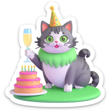 tricolor fluffy cat with big green eyes celebrating her birthday with a cake and champagne sticker
