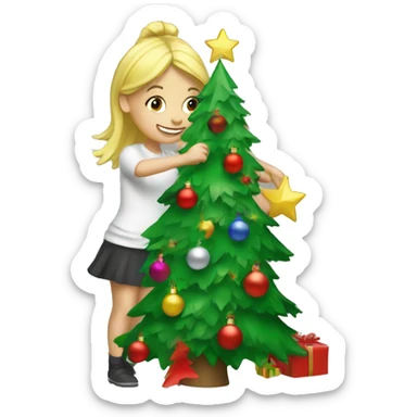 Blond Girl decorating a Christmas tree sticker
