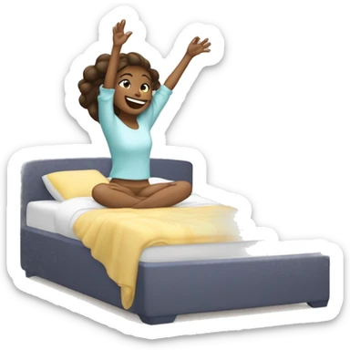 Happy girl wakes up in bed and stretches hands up in the air  sticker