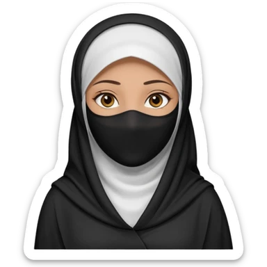 Make a emoji of a Muslim girl wearing a white hijab and "niqab on her face, with only her eyes visible" and her full body covered in an abaya or burqa. sticker