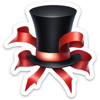 A black top hat displaying a red ribbon around the base. The ribbon forms a visible bow at the front, with the ends falling slightly over  sticker