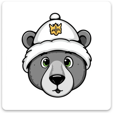 Cute grizzly bear face with green eyes, wearing a white fur hat with golden Russian coat of arms in the middle sticker