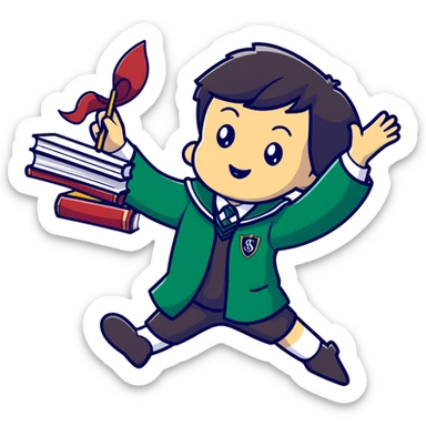 Slytherin student tripping and falling with books and wand flying sticker