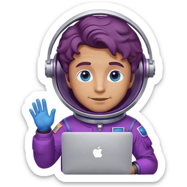 guy astronaut with purple suit, blue eyes, brownbrown wavy hair and one macbook sticker