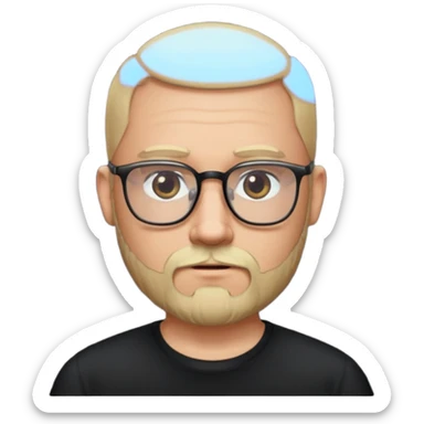 bald bearded blonde bald man with eyeglasses with black shirt sticker