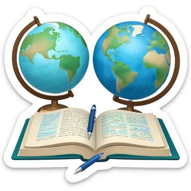 Create an emoji representing language translation. The design should feature a single globe in the background, symbolizing international communication. In front of the globe, place two opened books, with texts in it and a pen nearby to indicate the act of writing and vocabulary. Use a clean and professional color palette with blues, greens, and neutral tones. Do not include any emojis or smiley faces. Make the background transparent sticker