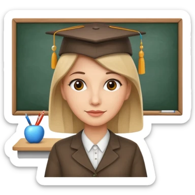 A teacher in a classroom with a hat sticker