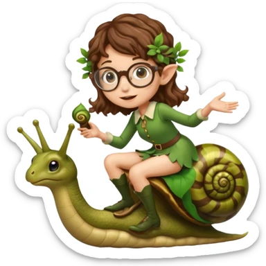 tiny forest elf woman brown wavy hair glasses riding a snail sticker