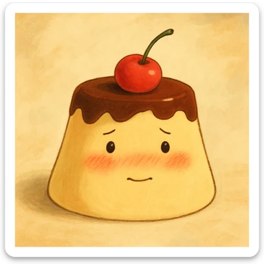 shy pudding with blushing cheeks, cherry on top, creamy soft background, ghibli style sticker