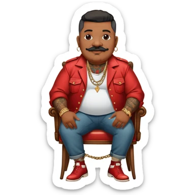 Icon for Chanson: Old fat chanson singer with tattoos and short moustache, red jacket, gold chains and braslettes, sitting on a chair with an acoustic guitar and standing microphone. The atmosphere should reflect a nostalgic, soulful vibe with vintage elements. Transparent background. sticker