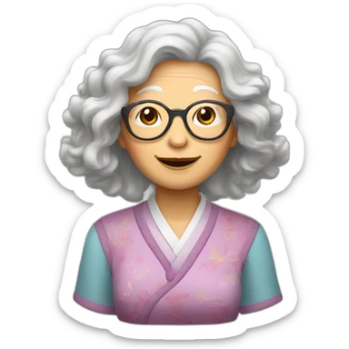 Chinese senior lady has wavy long hair wear glasses show love sign sticker