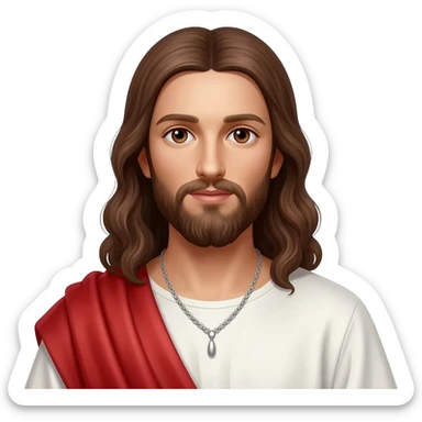 Jesus from Christian Mythology with brown eyes, long brown hair, white and red metallic toga, silver necklace sticker