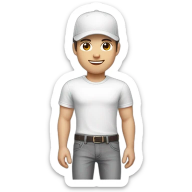 Pale skinned fit Man with dark brown hair in a white cap, gray jeans and gray polo T-shirt keeping a pasted with tape white box into his hands sticker