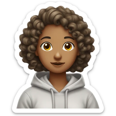 Curly hair girl studying with hoodie that says “Elena” on it sticker
