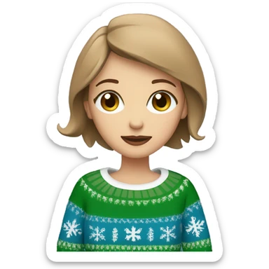 Light brown short haired girl with green eyes drinking coffee wearing blue Christmas sweater sticker