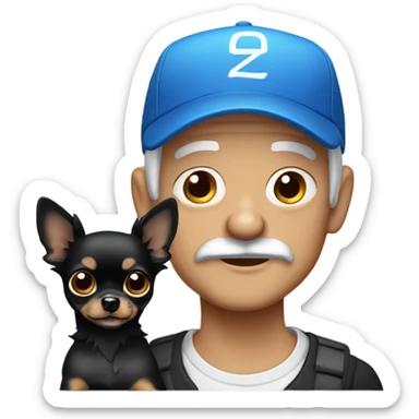 Old man blue eyes with goatee in ball cap holding black long haired chihuahua  sticker