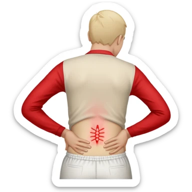 A person standing and holding their lower back in pain, with a red highlight showing the sore area. The person’s face expresses discomfort, and the background is plain white. Realistic lighting, medical concept illustration showing lower back soreness or muscle strain. sticker