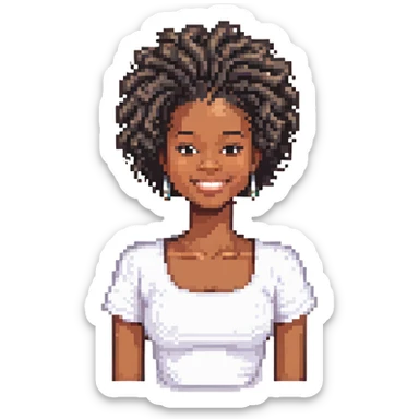 black woman with natural hair, smiling, pixel art style sticker