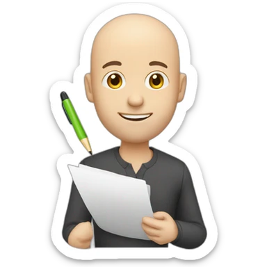 middleage bald male white with very small beard holding checklist with a pen sticker