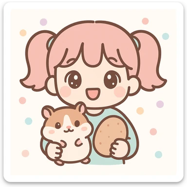 A girl with two ponytails holding a hamster and a potato, kawaii style, big eyes, cute details sticker
