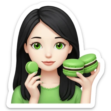 pale girl with long black hair holding a green macaron, emoji style sticker