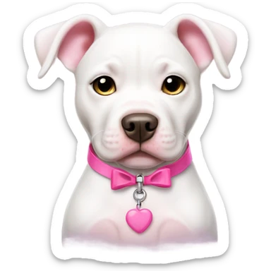 white pitbull puppy with a pink collar and a pink bow sticker