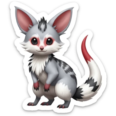 Cute realistic Minccino-Lykoi-Emolga-Pachirisu-Zangoose-fusion-hybrid-animal-Fakémon-creature, full body, thin long sleek scaly tail, intricate markings sticker