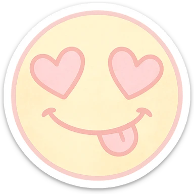 cute emoji, heart eyes, playful grin, pastel pink and yellow, no background sticker