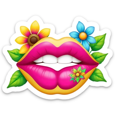 psychedelic colored lips with hippie style flowers sticker