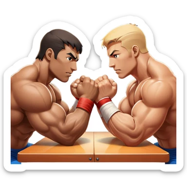 Two athletes engaged in an intense arm wrestling match, their muscles straining as they battle for dominance. The scene captures the powerful clash of strength, with close-ups on the hands locked in a firm grip, sweat glistening under bright lights. The background features a wrestling table. sticker