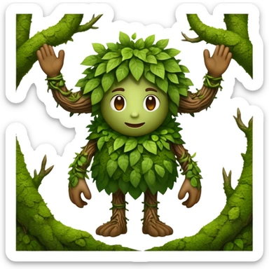 Fabulous forest creature as an emoji: body covered with green leaves and moss; branches instead of hair; arms with woody textures; powerful legs. No background sticker