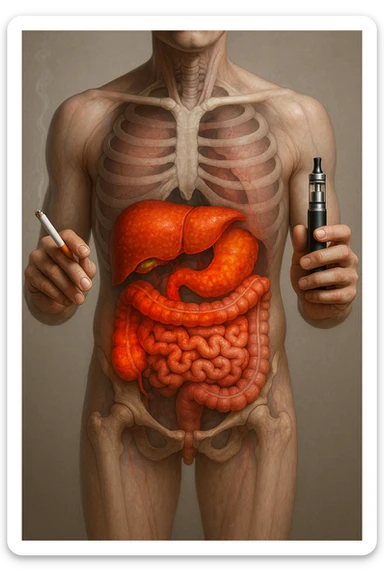 FANNE 10 CON LO STESSO IDENTICO STILE DEL CORPO UMANO CHE HO ALLEGATO , MA USANDO QUESTO COMANDO: A MEDICAL ILLUSTRATION OF A REALISTIC human body WITH INFLAMMED LIVER AND INTESTINE IN EVIDENCE, HOLDS A LIGHTED NORMAL CIGARETTE IN HIS RIGHT HAND, AN ELECTRONIC CIGARETTE IN HIS LEFT HAND IPERREALISTICA  4K sticker