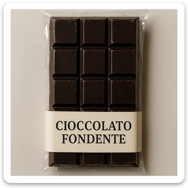 photo realistic dark chocolate in a transparent package with the label 'cioccolato fondente' in Italian sticker