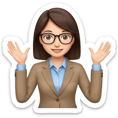 a cute brunette girl in a business casual attire  wearing glasses  with two hands  sticker