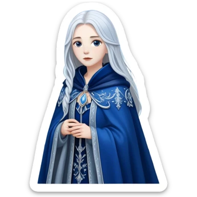 A woman with long silver hair, wearing a blue velvet cloak with silver embroidery, standing in a snowy landscape, mystical atmosphere, detailed sticker