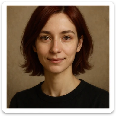 bust portrait of a slim figure with dark red hair, brown eyes, and a gentle smile sticker