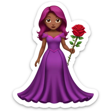 Faça uma mulher de cabelo roxo bem poderosa com vestido bem longo com umas rosas de buquê sticker