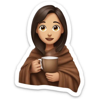 A brunette girl being cozy with a blanket and a cup of hot chocoate sticker