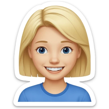 blonde hair girl smiling with teeth blue shirt sticker