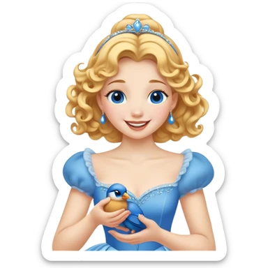 Cinematic Adorable Cinderella Portrait Emoji, Giggling softly while holding a tiny bluebird, golden curls bouncing, eyes sparkling with joy, wrapped in a soft golden glow, exuding warmth and charm, an irresistible blend of beauty and playfulness! sticker