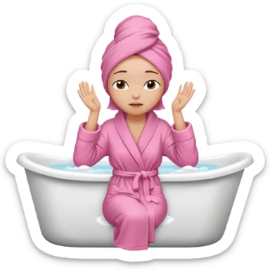 A woman sitting on the edge of a bathtub, wearing a pink bathrobe and towel on her head, one hand on her shoulders and eyes closed  sticker