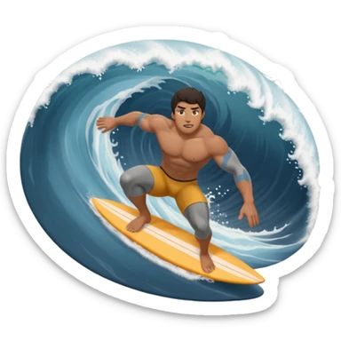 Indo guy dark hair and big muscles but short guy pro surfer surfing abig barrel wave in dark grey swimmers sticker
