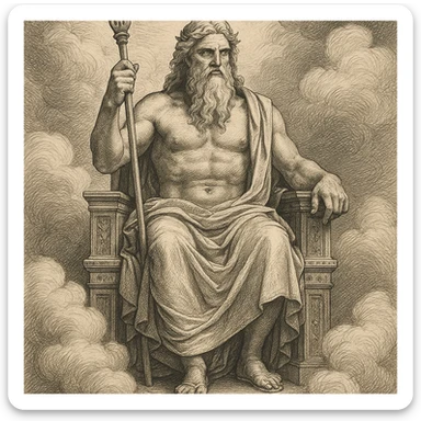 Zeus sitting on a throne, holding a scepter, surrounded by clouds, classic mythology style, detailed mythological illustration sticker