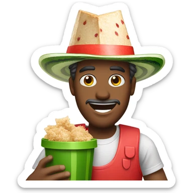 Create a guy holding kfc with a watermelon hat sticker