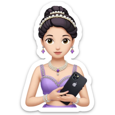 Make a girl standing in mirror in lavender lengha holding a iphone 16 pro max make her hair tie back side and a white pearl necklace  sticker
