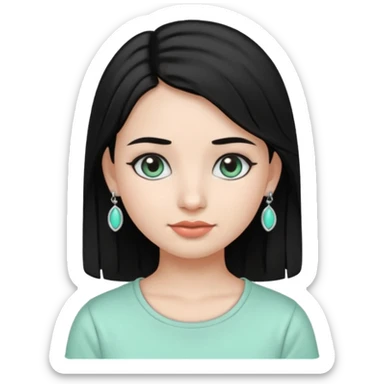 A girl emoji wearing  silver colour jhumka and light mint green colour tshirt with dark black hair sticker
